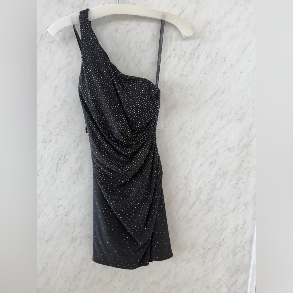 Sherri Hill Black Asymmetrical Ruched Cocktail Dress